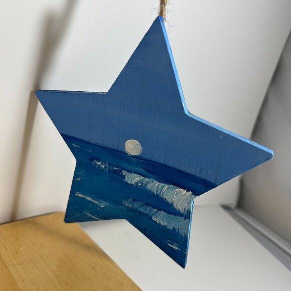 Other - Hand-Painted Wooden Star Ornament Ocean Moon Scene